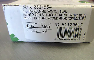 Wago 281-654 terminal wiring block BOX OF 50 , 4-L-FV-KLEMME BLUE 51129617